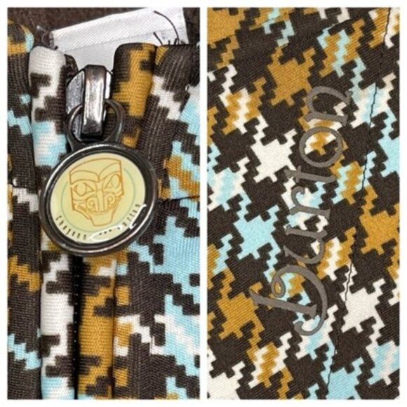 Burton Hoodie, fleece lined Full zip jacket, Brown & blue houndstooth, Size Med - Picture 9 of 11
